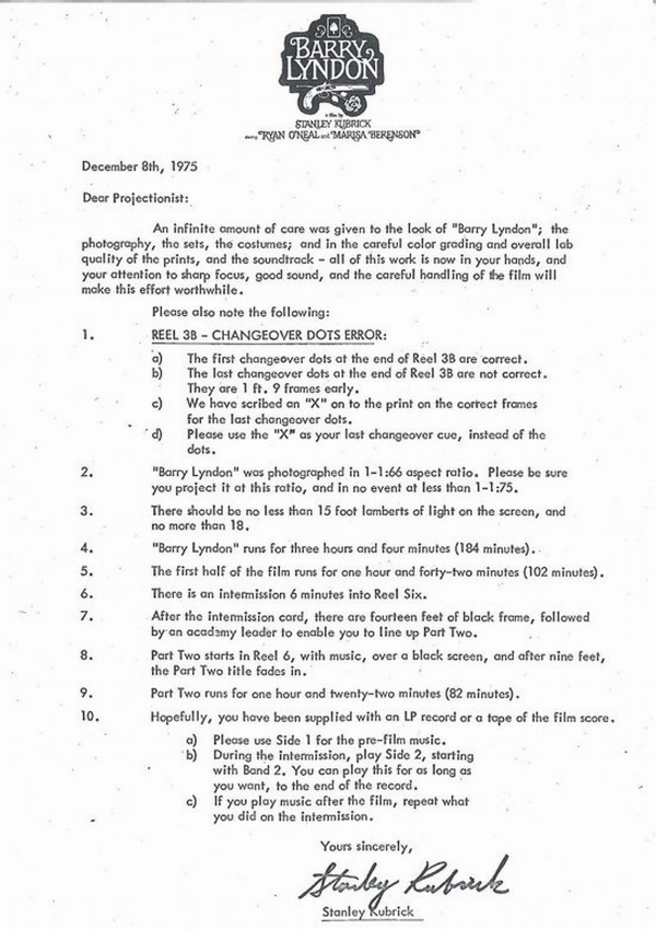 Barry Lyndon - dopis Stanleyho Kubricka